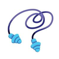 Blue wired earplug vector illustration isolated on white background with flat cartoon art style drawing. Silence tool, audio sound prevention to wear on flight or when sleeping.