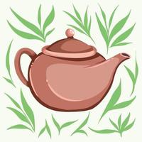 Clay tea pot vector illustration with green leaf decoration and light green background. Cartoon simple art style drawing