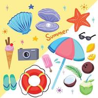 vibraciones de verano en la playa, con criaturas marinas como almejas y estrellas de mar, lentes de sol, helado, coco y otros. ilustraciones de vectores de vacaciones con una colección de dibujos de estilo de arte plano de dibujos animados.