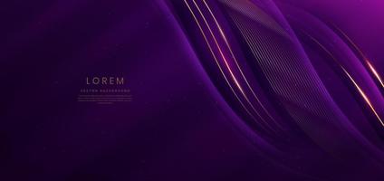 Luxury curve golden lines on dark purple  background with lighting effect copy space for text. Luxury design style. vector