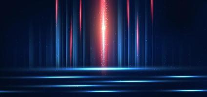 Abstract technology futuristic glowing blue and red light lines with speed motion blur effect on dark blue background. vector