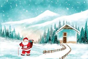 Beautiful winter landscape with house in snowy christmas card background vector