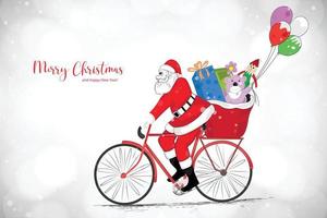 ilustración santa claus en andar en bicicleta entregando regalos de navidad en el fondo de la tarjeta