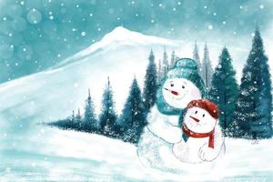 New year and christmas tree winter landscape background with snowman card design vector