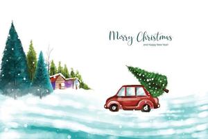 Beautiful winter landscape with car in snowy christmas tree background vector