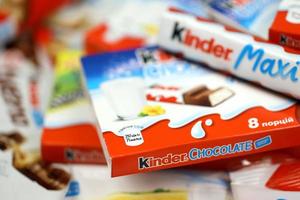 KHARKOV. UKRAINE - MAY 17, 2022 Many different products by Kinder brand made by Ferrero SpA. Kinder is a confectionery product brand line of Italian manufacturer Ferrero photo