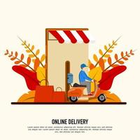 Concept of online delivery service, online order, home and office delivery, scooter and bicycle courier, delivery website, banner, background, app, poster, on mobile. vector