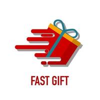 Fast gift delivery service, red gift box with yellow ribbon on moving flat icon, presenting a quick solution, Quick Gift Gift with slide concept, vector illustration.