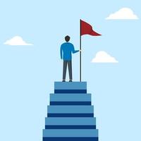 the concept of reaching the pinnacle of career or success, an entrepreneur has reached the top of the ladder of success or goals. Businessman standing on stairs with flag. leaders achieve goals. vector