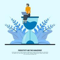 Time management, schedule or planner concept, working female character sitting on hourglass. vector illustration of productivity concept, efficient use of work time for business plan implementation