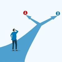 The entrepreneur decides between two alternatives. Choice decision making as two separate path choices to choose from. Business choice and dilemma concept. Vector illustration. business or life