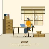 mujer que trabaja en la oficina en casa. personaje sentado en el escritorio en la habitación, mirando la pantalla de la computadora. concepto de oficina en casa. ilustración vectorial isométrica plana. vector