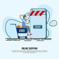 online shopping concept in social media application. woman sitting in shopping cart with Smartphone with shopping bags, chat messages, delivery. suitable for digital store promotion. vector