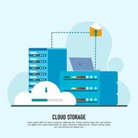 tecnología de almacenamiento y concepto de servicio de servidor en la nube con concepto de trabajo del administrador, concepto de computación de tecnología en la nube. concepto de centro de datos. tecnología de nube moderna. ilustración plana vectorial. vector