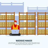 Intelligent warehouse management system. Logistics management monitoring concept. man in warehouse monitoring with laptop inventory level of goods on shelves. vector illustration. Online shopping