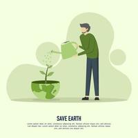 Save Planet Concept Vector Illustration. man watering plants with earth shaped container. Earth Day. International Mother Earth Day. Flat Modern Design for Web Pages, Banners, Presentations, etc.