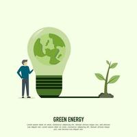 flat design vector illustration concept for green energy, male character using tree to turn on green light for green energy. Concepts for web banners and print materials