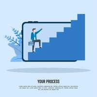 proceso escalonado, progreso o desarrollo empresarial efectivo, concepto sostenible. hombre de negocios subiendo escaleras dentro de la tableta. manera de lograr el objetivo. vector