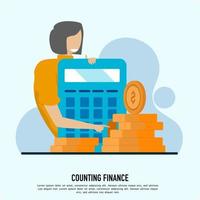 Accounting concept. The character of a woman who performs financial calculations on a calculator application, computer and smartphone. calculate personal budget or financial income. vector