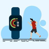 Man running outdoors and using smart watch and fitness app, sensors monitor his workout. vector