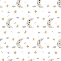 Boho modern minimalist pattern newborn moon star clouds. Baby Shower Scandinavian pastel wallpaper. Textile fabric design for kids. Flat bohemian vector neutral background paper