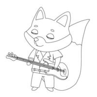 Cool fox in jacket and jeans plays bass guitar. Animal bear in cap isolated on white. Vector outline illustration for coloring book