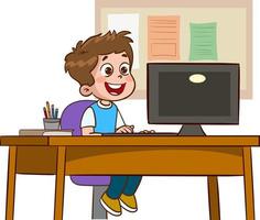 happy cute children studying on computer at table vector