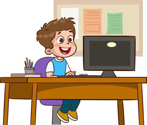 happy cute children studying on computer at table
