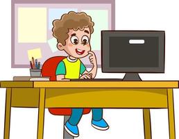 happy cute children studying on computer at table vector