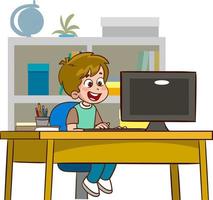 happy cute children studying on computer at table vector