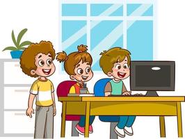 happy cute children studying on computer at table vector