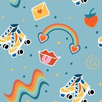 Groovy seamless patterns with rainbow, wave, mesh and roller skates. Vector backgrounds in trendy retro trippy style. Hippie 60s, 70s style.