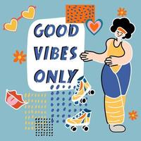 Good vibes lettering with vintage hippie styled. Good vibes sticker design template. Isolated on white background. Vector illustration.