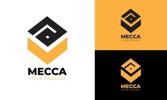 plantilla de logotipo de línea meca y kaaba de diseño plano vector