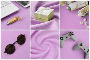 A set of pictures with fashionable youth objects on a soft fleece surface. Pastel yellow and pink colors photo