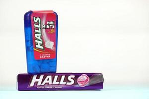 KHARKOV. UKRAINE - MAY 17, 2022 Halls Forest-berries flavored and watermelon taste. Halls is the brand of a popular mentholated cough drop. Halls brand are owned by Mondelez International photo