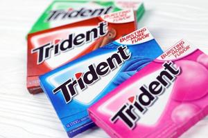 KHARKOV. UKRAINE - MAY 17, 2022 Packs of Trident gums. Trident was introduced in 1964 as one of the first patented sugarless gums photo