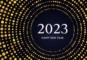 2023 Happy New Year of gold glitter pattern in circle form. Abstract gold glowing halftone dotted background for Christmas holiday greeting card on dark background. Vector illustration