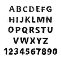 letras y números del alfabeto latino dibujados a mano. fuente y tipografía modernas en mayúsculas. símbolos negros sobre fondo blanco. ilustración vectorial vector