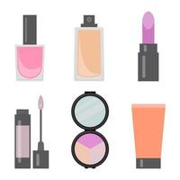 Set of makeup items. Nail varnish, cream for the skin, lipstick, lip gloss, eye shadows, cosmetic tube. Vector illustration.