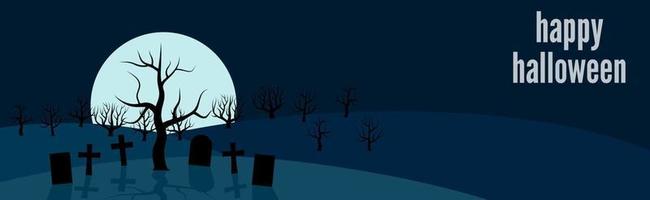 Happy Halloween festive banner with a lonely tree in the cemetery on a background of the full moon at night. Vector illustration.