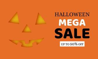 mega venta de halloween fondo naranja con cara de calabaza. ilustración vectorial vector