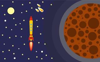 The rocket in space near the planet. Space trip. Vector illustration of rocket flight.