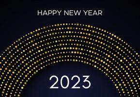2023 Happy New Year of gold glitter pattern in circle form. Abstract gold glowing halftone dotted background for Christmas holiday greeting card on dark background. Vector illustration