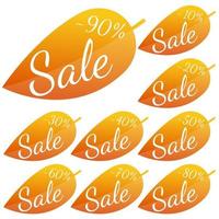 Set of autumn yellow-red leaves with inscription Sale. Discounts from 10 to 90 percent. Vector illustration.