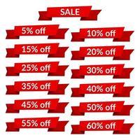 Set of red sale ribbons with different discount values. Sale label template. Vector illustration