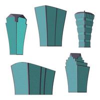 Set of five modern high-rise building on a white background. View of the building from the bottom. Isometric vector illustration.