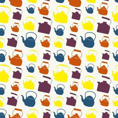 Seamless Colorful Pattern with Kettle. Vector background with different teapots. Endless kitchen texture.
