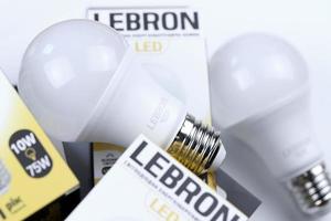 KHARKOV, UKRAINE - MAY 12, 2022 Many Lebron LED light bulbs. Lebron is chinese light equipment manufacturer photo