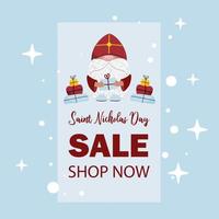 Saint Nicholas Day holiday sale poster. Funny dwarf Nicholas vector